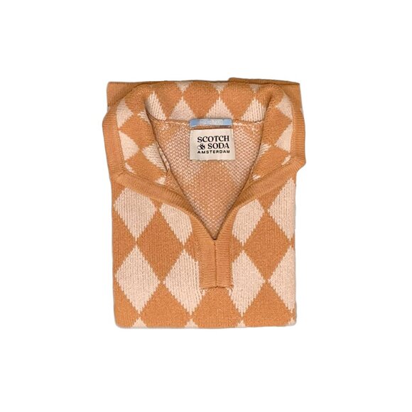 Scotch & Soda Kids Argyle Checkerboard Knit Sweater – Size 10/140 – Tan & Cream - Picture 2 of 12
